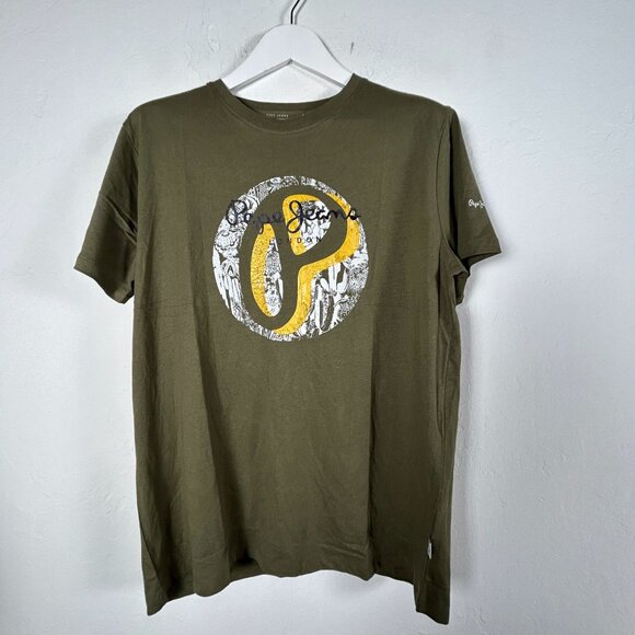 Pepe Jeans London Slim Fit Mens Olive Green Graphic T-Shirt XL Cotton Casual New - Picture 1 of 8